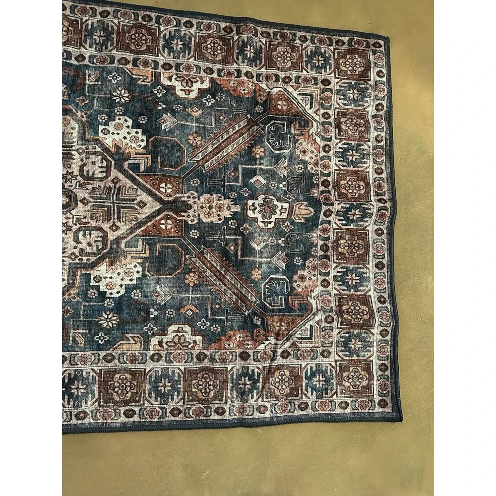 Washable Rug 3'X5' Adiva Lavinia 'Antrasit' Dark Teal Blue Burgundy Red